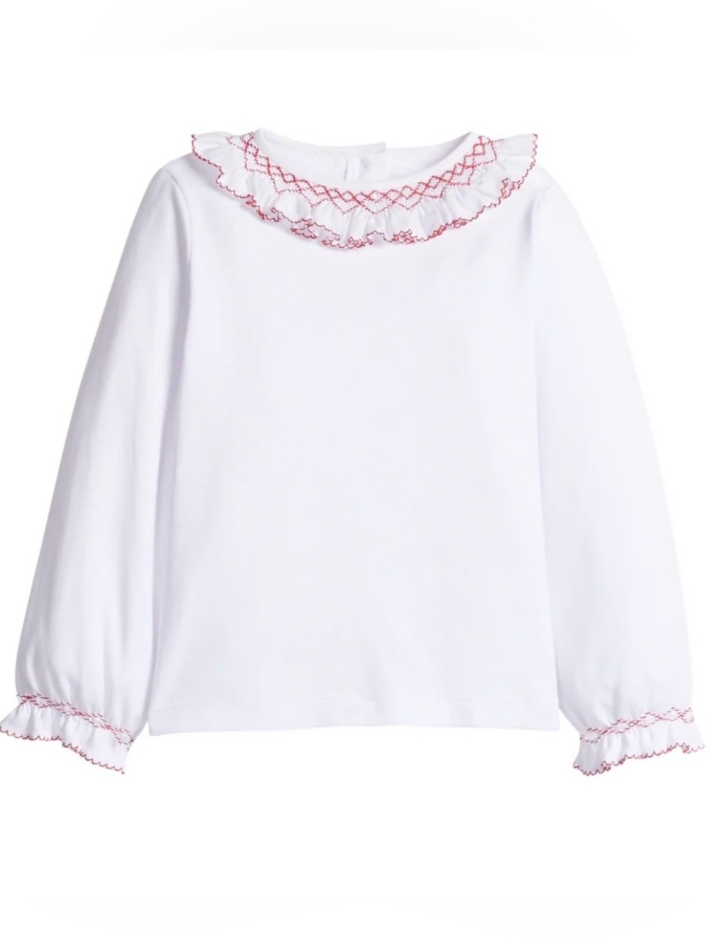 Little English White Long-Sleeve Top with Red Trimmed Ruffle Collar